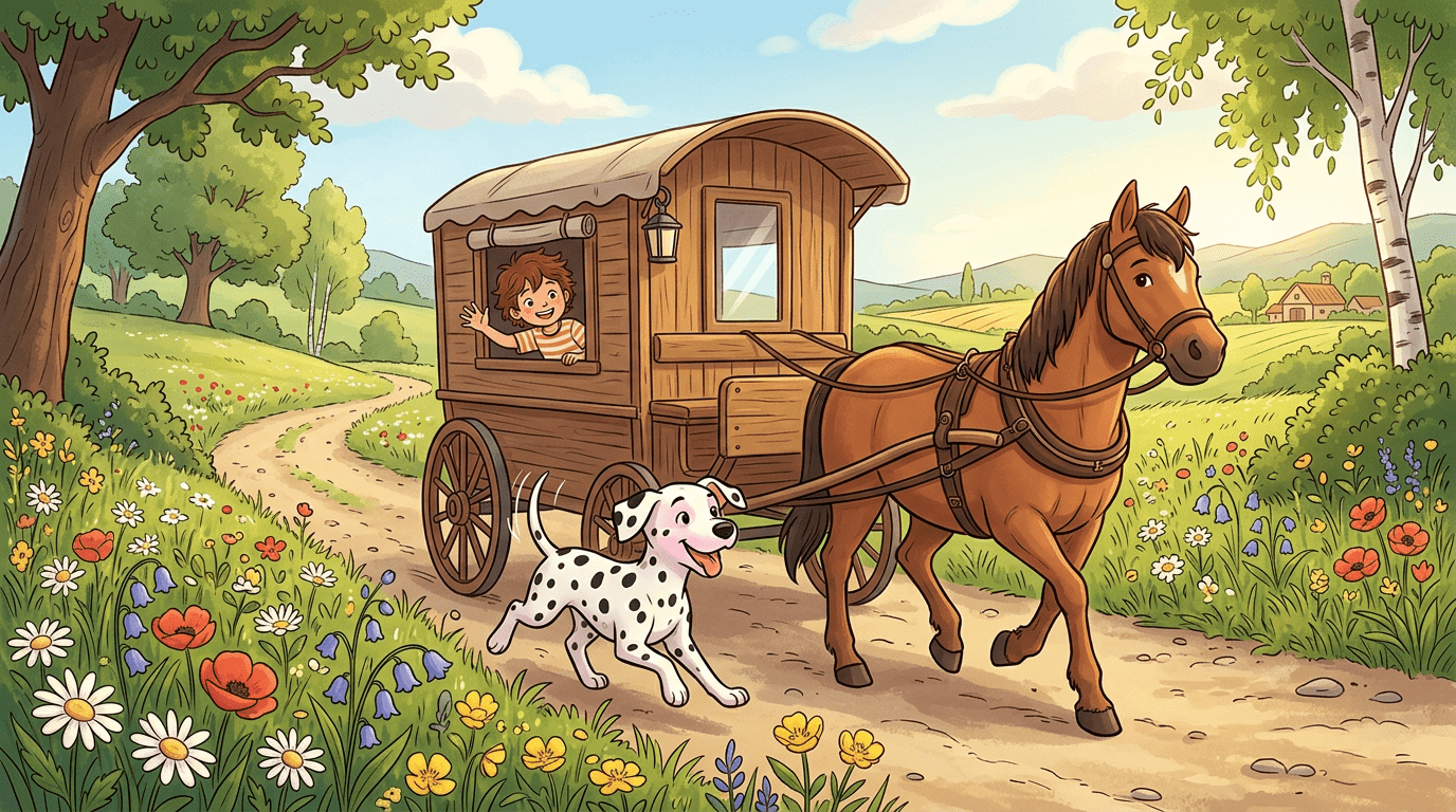 Ein freundlicher Dalmatiner mit schwarzen Punkten läuft fröhlich neben einer Kutsche und einem braunen Pferd auf einem sonnigen Weg.