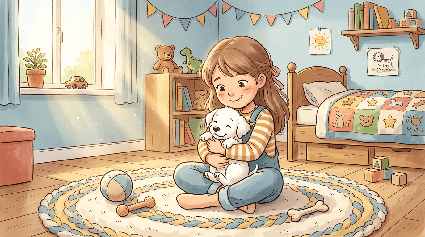 Eine liebevolle Illustration eines kleinen Mädchens, das einen reinweißen Dalmatiner-Welpen auf dem Schoß hält.