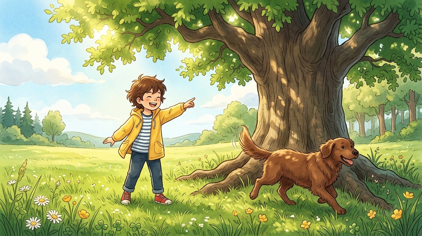 Ein Kind mit ausgestrecktem Arm leitet einen fröhlichen Hund beim Spiel Das Baum-Umrunden um einen Baumstamm.