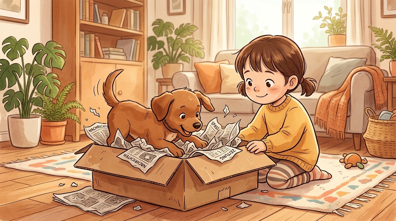 Ein glückliches Kind schaut seinem Hund dabei zu, wie er in einem Karton voller Zeitungspapier nach Leckerlis schnüffelt.
