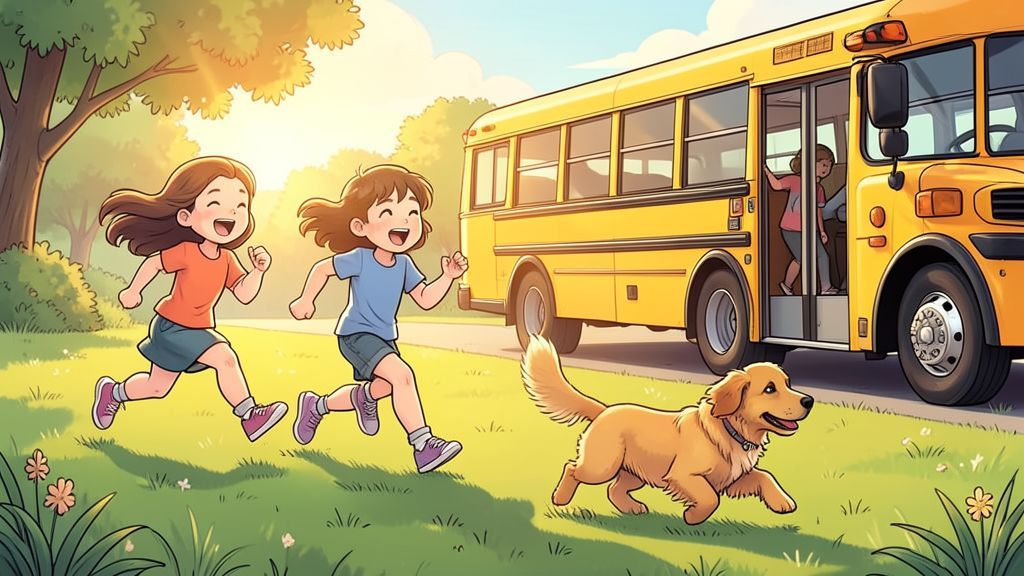 Drei fröhliche Kinder rennen um die Wette zu einem gelben Bus, ein kleiner Hund läuft spielerisch hinter dem letzten Kind her.