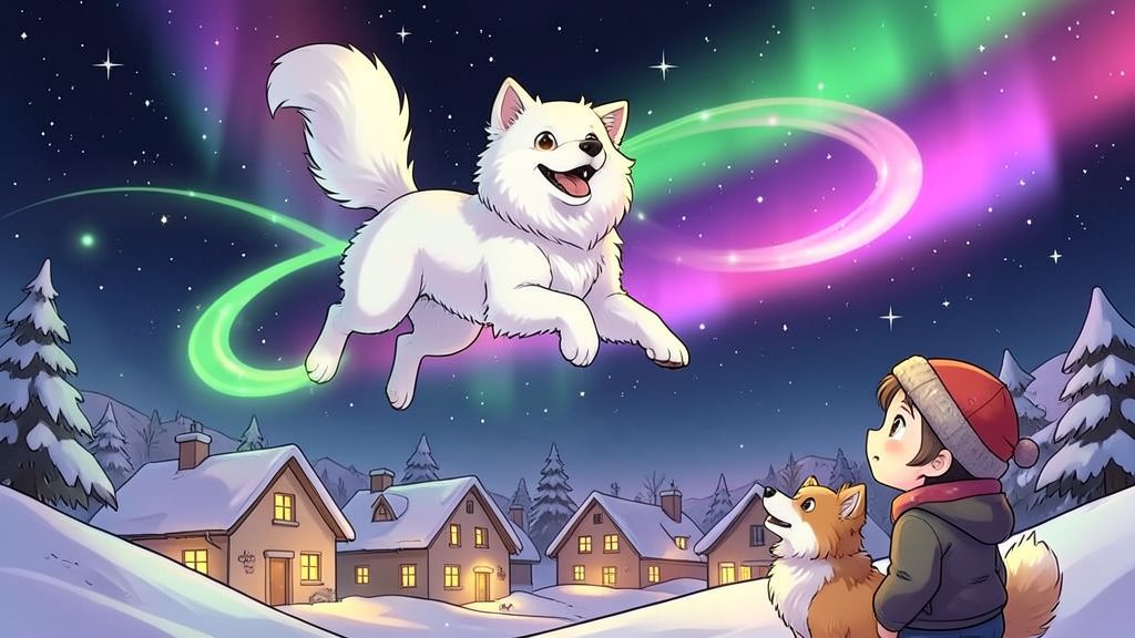 Eine magische Illustration eines großen weißen Hundes, der am Nachthimmel über ein verschneites Dorf springt und mit seinem Schwanz bunte Nordlichter erzeugt.