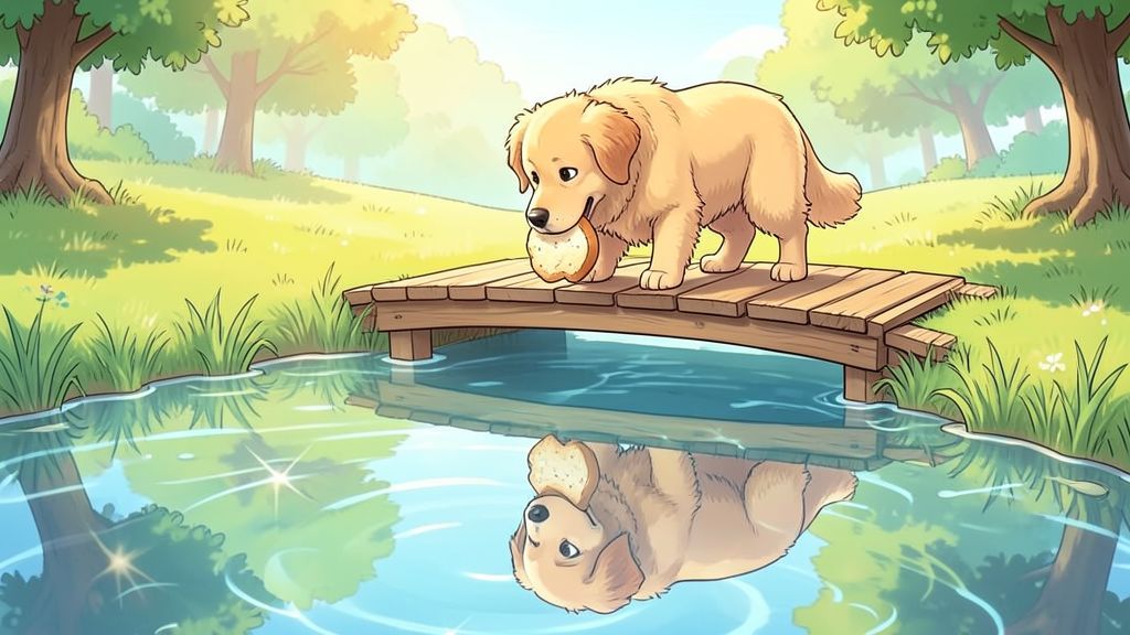 Eine Illustration der Fabel Der Hund und sein Spiegelbild: Ein Hund schaut von einer Holzbrücke in einen Fluss und sieht sein Spiegelbild.