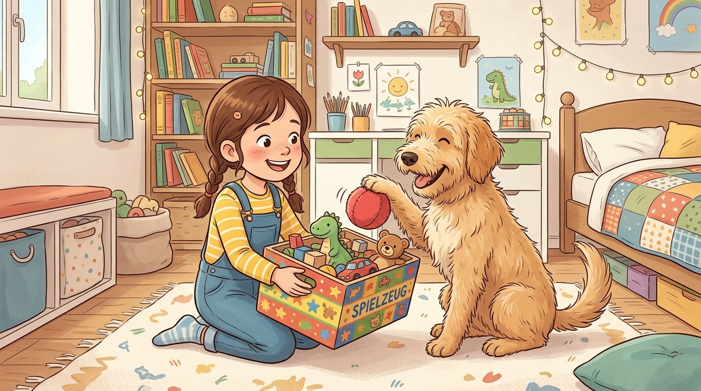 Ein Kind hält eine bunte Kiste, während ein freundlicher Hund ein Spielzeug hineinfallen lässt – Spiel Der Kisten-Profi.