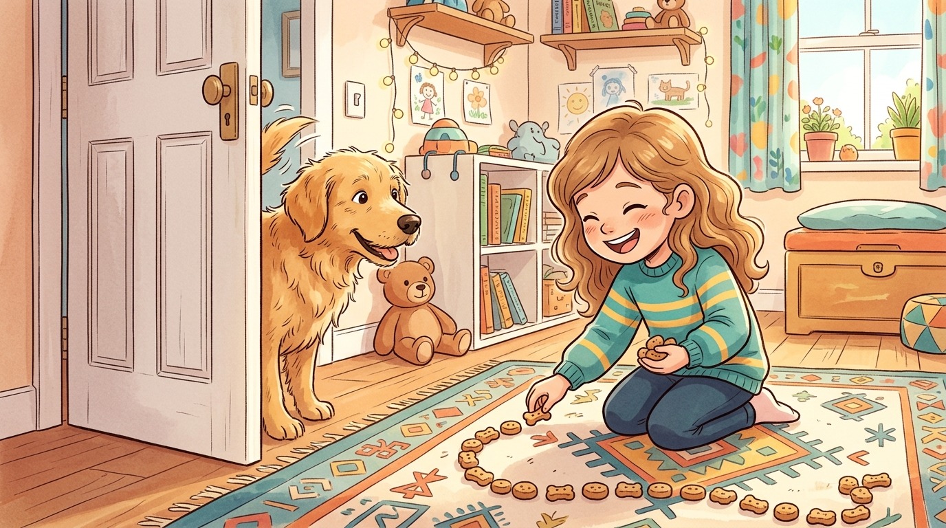 Ein fröhliches Kind legt eine Spur aus Leckerlis auf den Boden für einen neugierigen Hund.