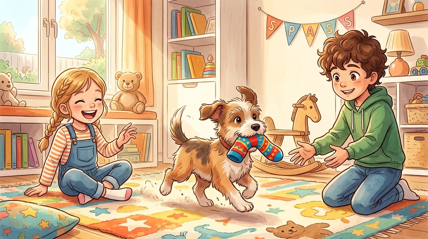 Ein fröhlicher Hund läuft mit einer Socke im Maul von einem Kind zum anderen beim Spiel Der Socken-Kurier.