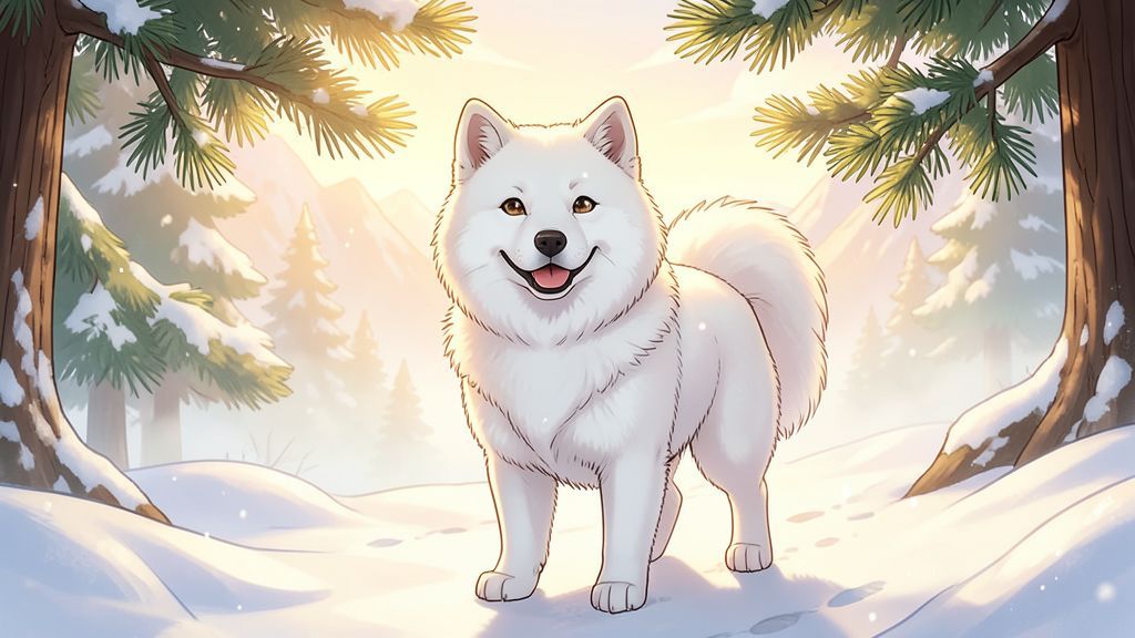 Ein flauschiger weißer Hund namens Shiro steht stolz auf einem verschneiten Bergpfad im Nebel.