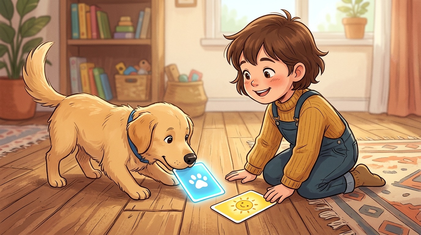 Ein glückliches Kind und ein aufmerksamer Hund beim gemeinsamen Spiel Die Farb-Karten auf einem hellen Zimmerboden.