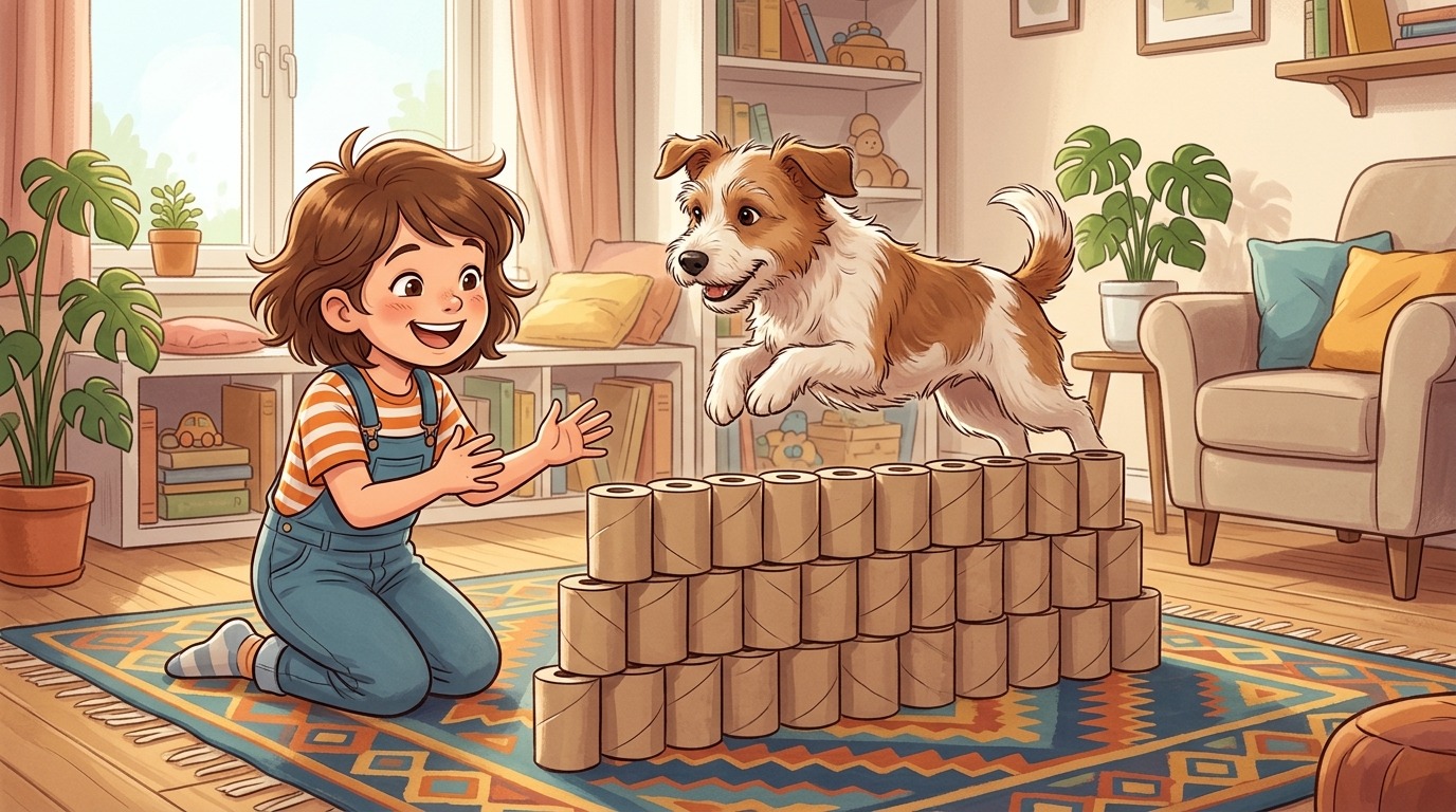 Ein Kind und sein Hund spielen fröhlich im Wohnzimmer mit einer Mauer aus Klopapierrollen.