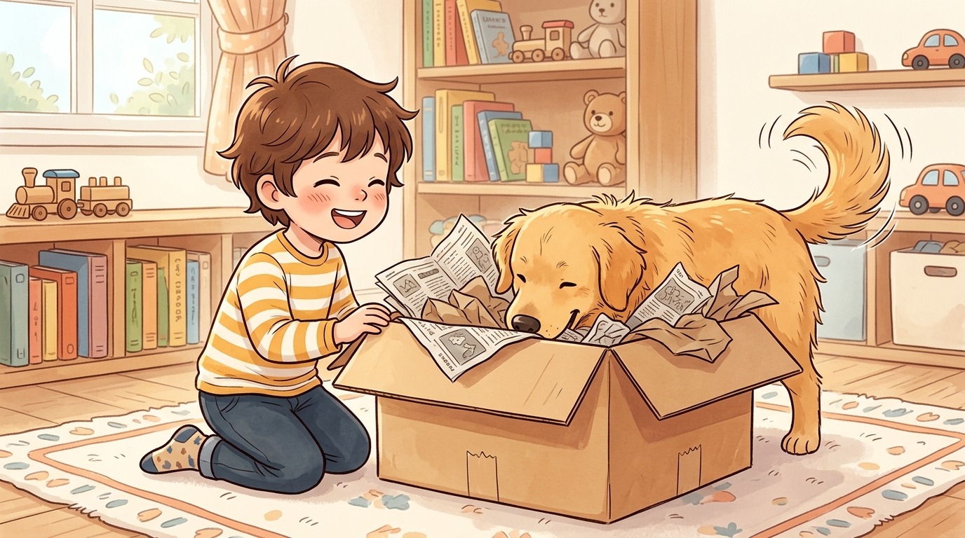 Ein Kind und ein Hund spielen gemeinsam Die Papier-Schatzsuche mit einem Karton voller Zeitungspapier.