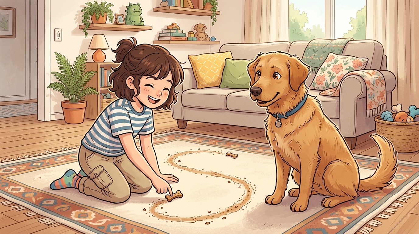 Ein Kind zieht konzentriert ein Leckerli über den Boden, während ein kleiner Hund neugierig zuschaut, um die Snack-Schleppe zu beginnen.