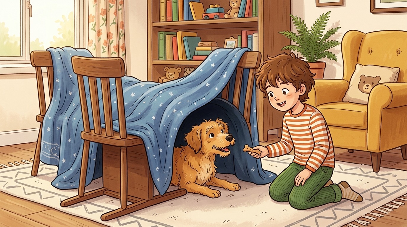 Ein glückliches Kind kniet vor einem aus Stühlen und Decken gebauten Tunnel und lockt einen freundlichen Hund mit einem Leckerli hindurch.