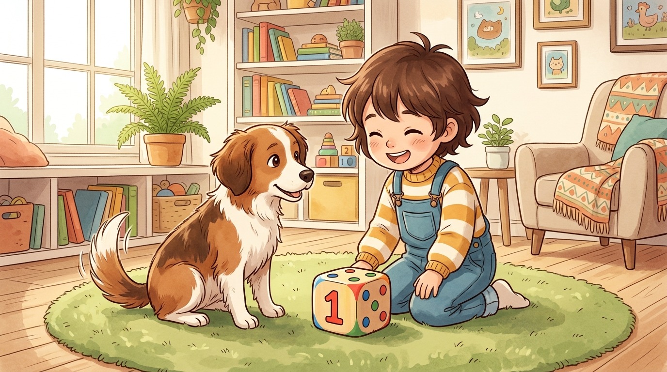 Ein lachendes Kind kniet auf einem Teppich und zeigt einem aufmerksamen Hund einen großen Spielwürfel.
