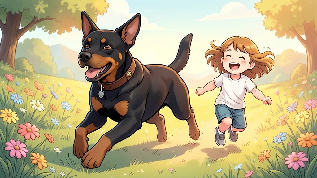 Ein glücklicher, glänzender Dobermann spielt mit einem Kind im Garten Fangen.