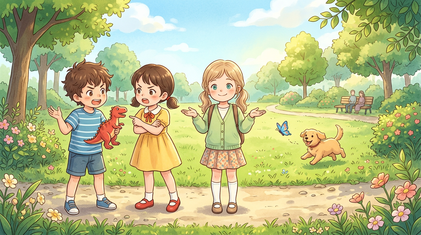 Eine Illustration von drei Kindern im Park: Zwei streiten sich um ein Spielzeug, während das dritte Kind entspannt daneben steht und lächelt.