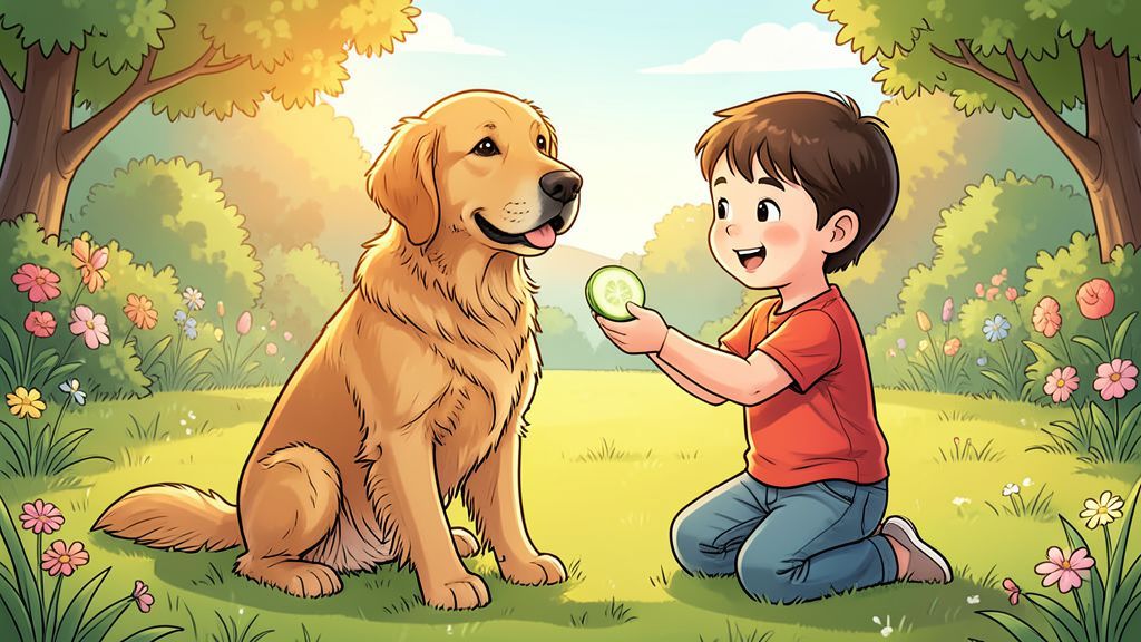 Ein glücklicher goldener Hund bekommt von einem Kind ein Stück frische Gurke als gesunden Snack gereicht.