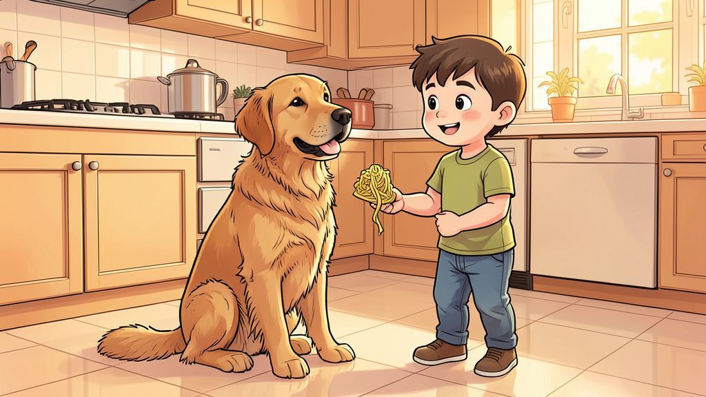 Ein freundlicher Golden Retriever sitzt in einer gemütlichen Küche und schaut ein Kind erwartungsvoll an, das eine einzelne Nudel hält.