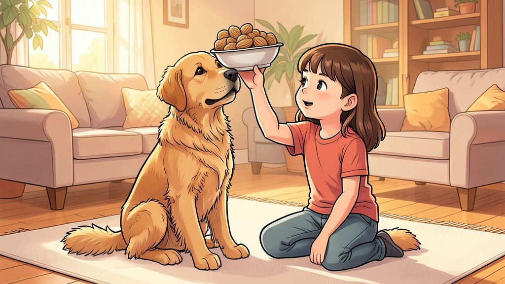 Ein Kind sitzt mit seinem Golden Retriever zusammen und passt auf, dass der Hund keine Nüsse vom Tisch bekommt.