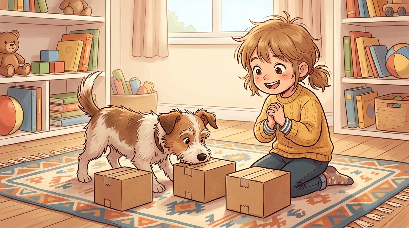 Ein Kind beobachtet lächelnd seinen Hund, der konzentriert an drei kleinen Pappkartons schnüffelt, um einen Duft zu finden.