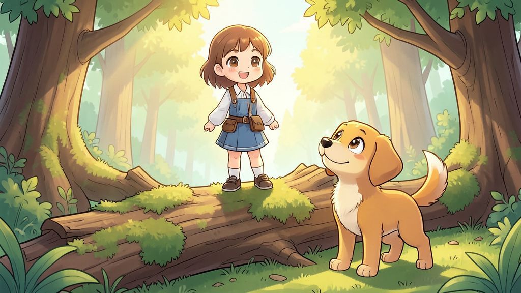Ein mutiges Kind steht stolz auf einem Baumstamm, daneben sitzt ein freundlicher Comic-Hund und schaut bewundernd hoch.