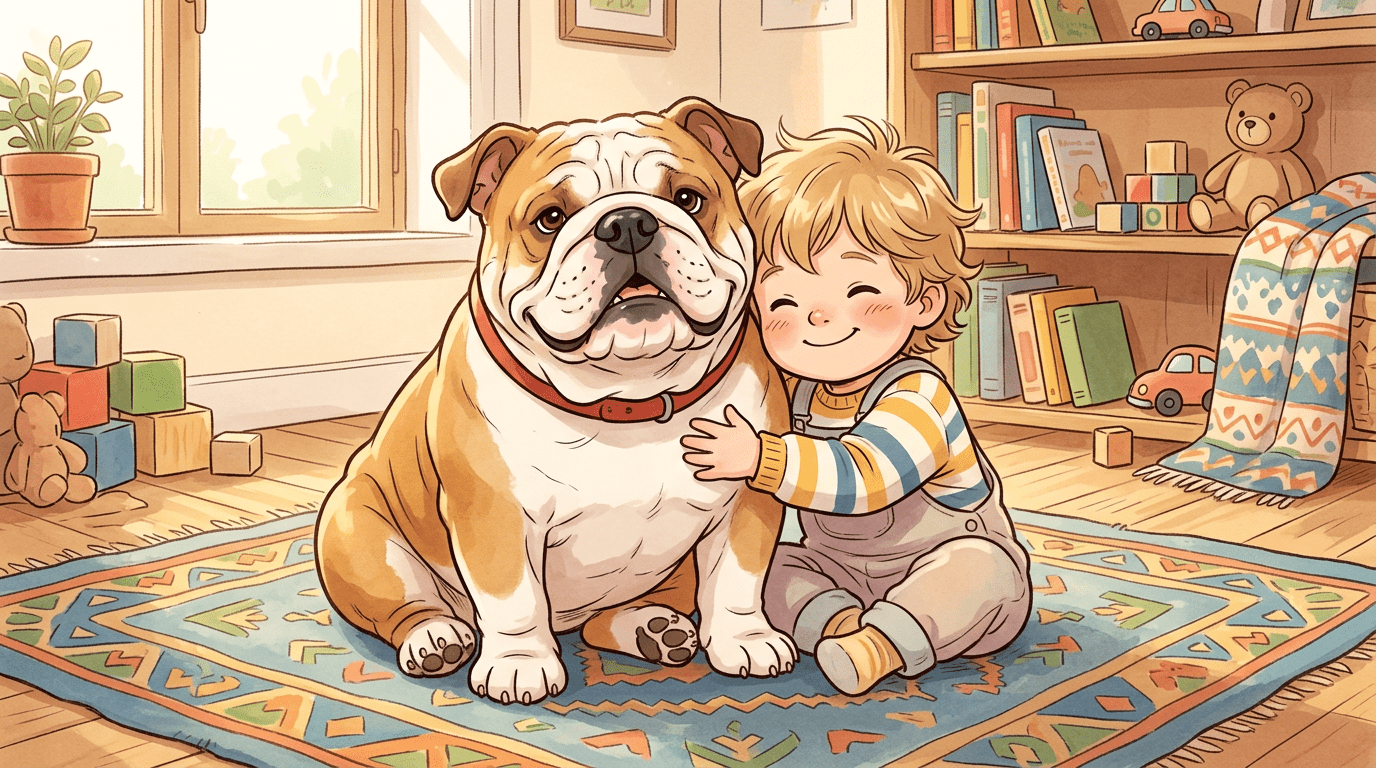 Eine gemütliche Englische Bulldogge sitzt lächelnd neben einem spielenden Kind im Wohnzimmer.