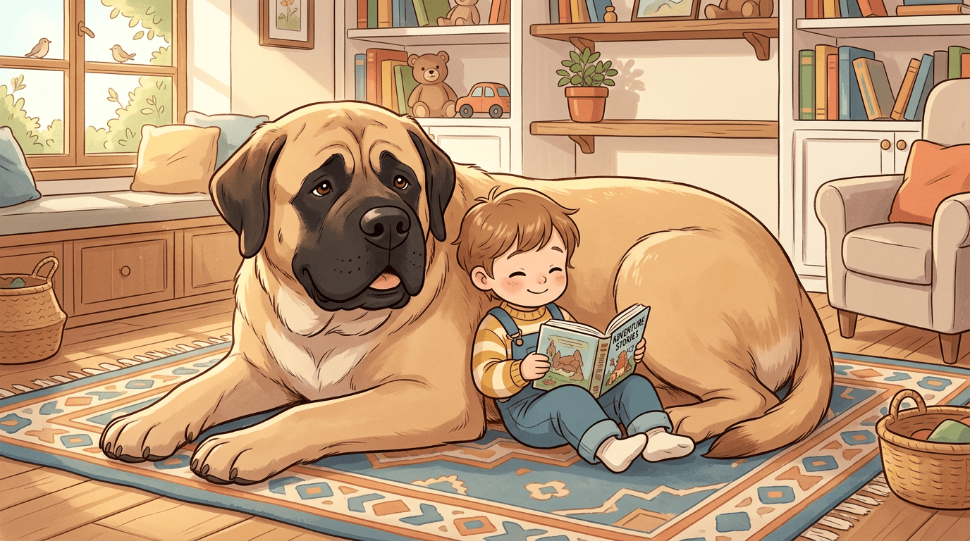 Ein großer, sanfter English Mastiff liegt entspannt auf einem Teppich, während ein kleines Kind sich gemütlich an ihn kuschelt.