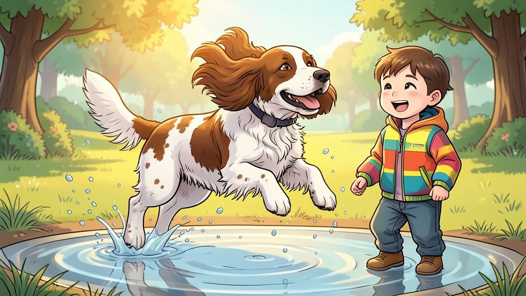 Ein fröhlicher weiß-braun gefleckter English Springer Spaniel springt spielerisch durch eine Wasserpfütze im Park neben einem lachenden Kind.