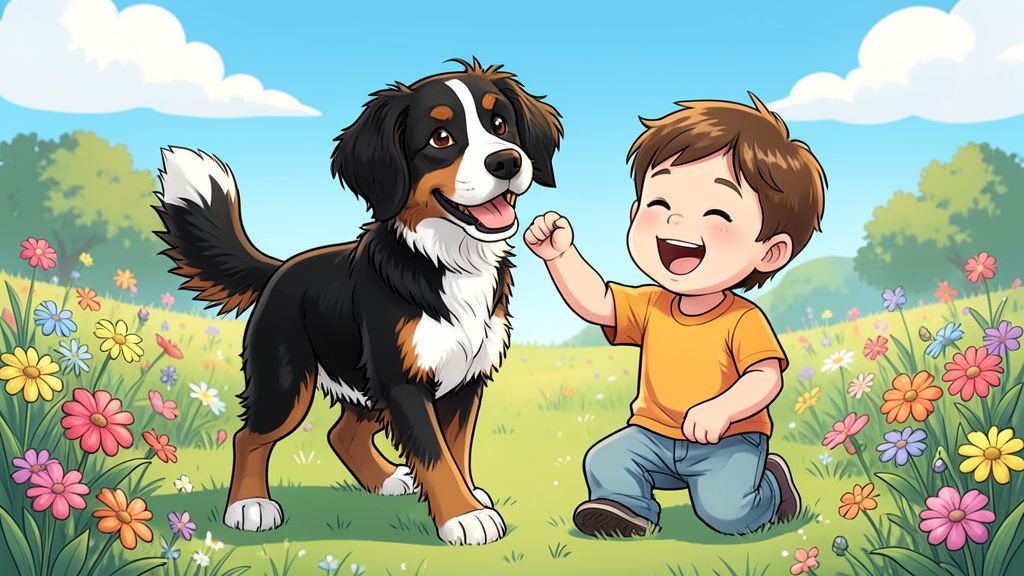 Ein fröhlicher, dreifarbiger Entlebucher Sennenhund spielt mit einem lachenden Kind auf einer sonnigen Blumenwiese.