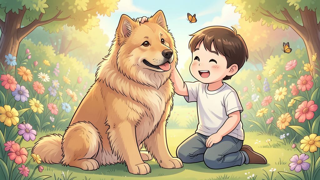 Ein flauschiger Eurasier-Hund sitzt glücklich neben einem Kind auf einer Blumenwiese.