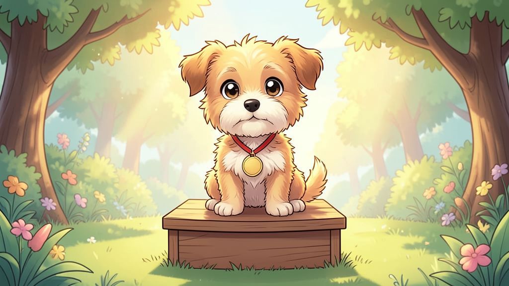 Ein kleiner, glücklicher Hund mit einem bunten Halstuch sitzt stolz auf einem kleinen Siegertreppchen im Garten, während Konfetti regnet.