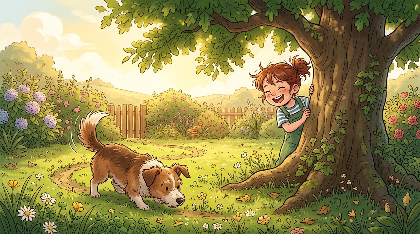 Ein Kind versteckt sich kichernd hinter einem Baum, während ein Hund mit der Nase am Boden freudig nach ihm sucht.