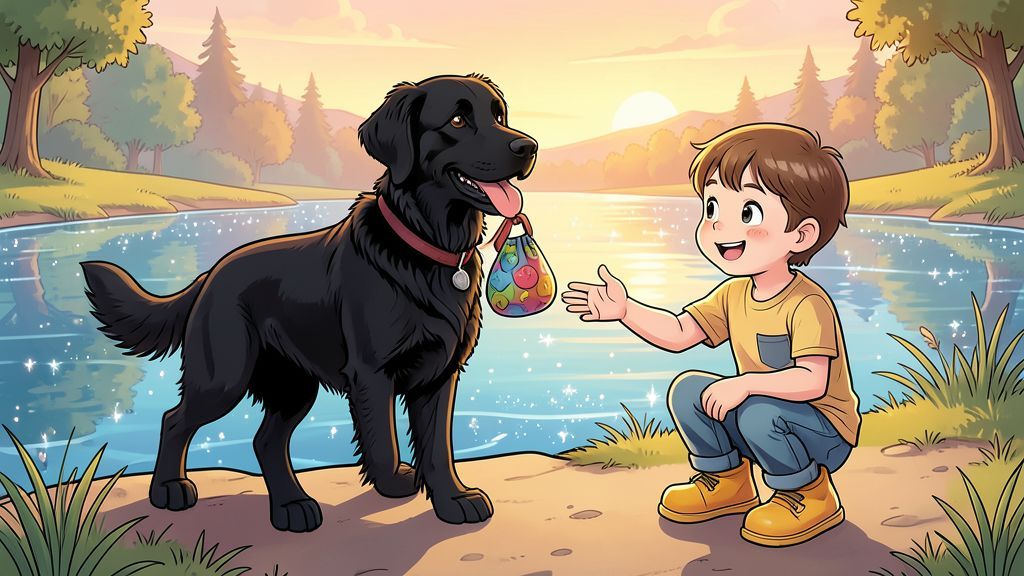 Ein glücklicher schwarzer Flat Coated Retriever bringt einem Kind am Ufer eines Sees ein Spielzeug zurück.