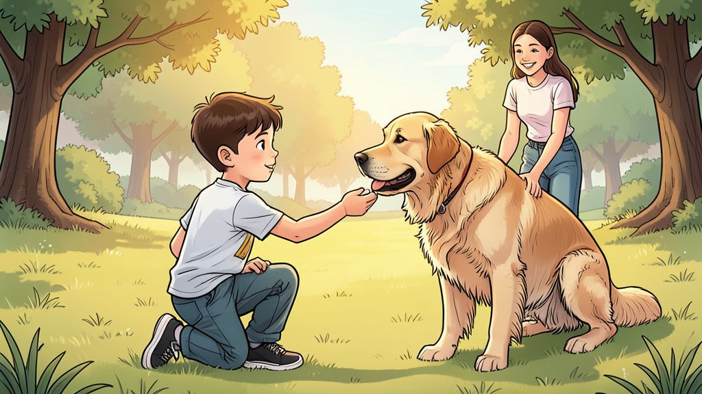 Ein Kind hält einem Golden Retriever die Hand zum Schnuppern hin, während die Besitzerin danebensteht.