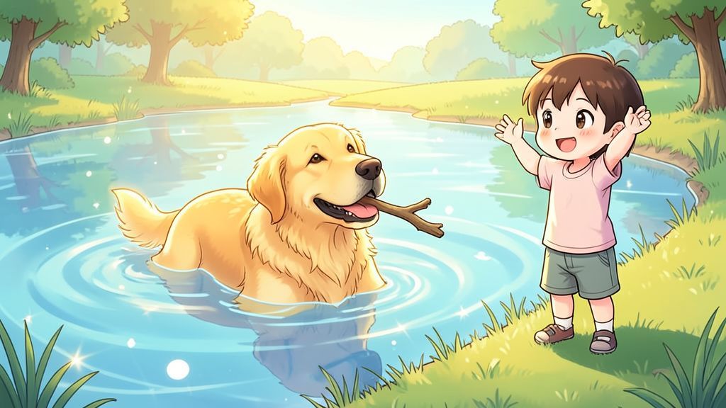 Ein fröhlicher Golden Retriever schwimmt mit einem Stock im Maul in einem See, während ein lachendes Kind am Ufer steht.