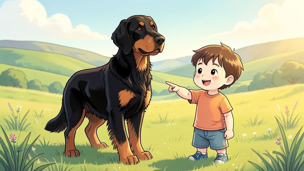 Ein glänzender, schwarz-brauner Gordon Setter steht neben einem Kind auf einer grünen Wiese unter einem Baum.