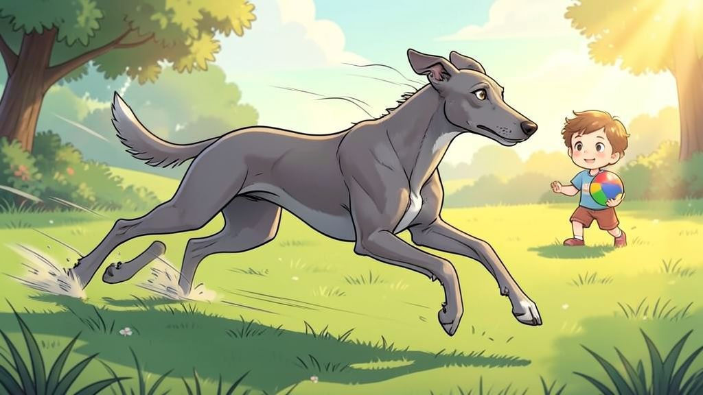 Eine dynamische Illustration eines Greyhounds, der in voller Geschwindigkeit über eine grüne Wiese rennt.