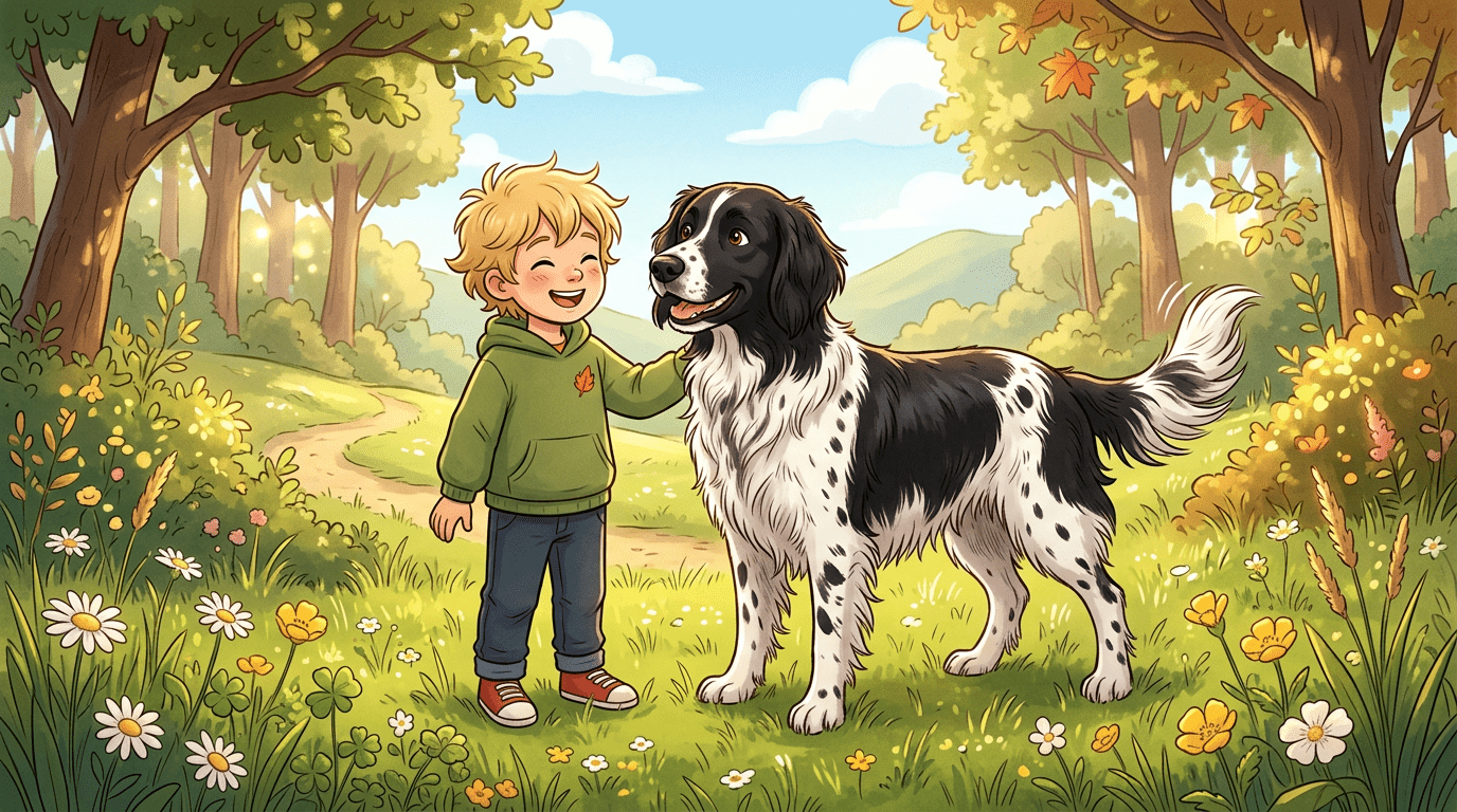 Ein fröhlicher schwarz-weißer Großer Münsterländer Hund mit weichem Fell steht neben einem lachenden Kind auf einer sonnigen Waldwiese.