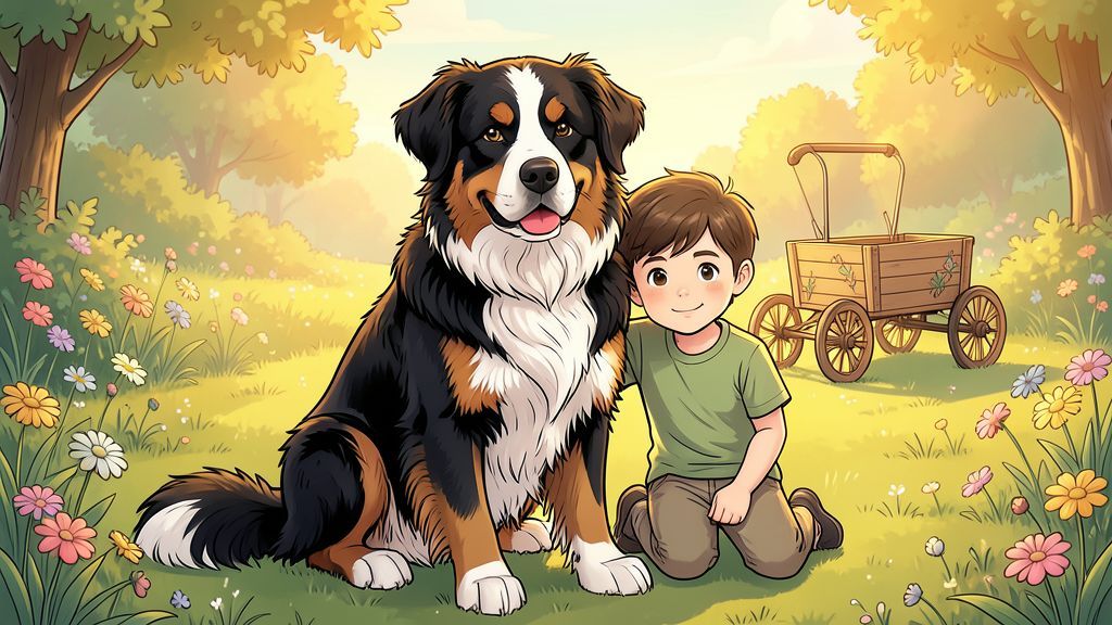 Ein großer, freundlich lächelnder Großer Schweizer Sennenhund sitzt neben einem kleinen Jungen in einem sommerlichen Garten.