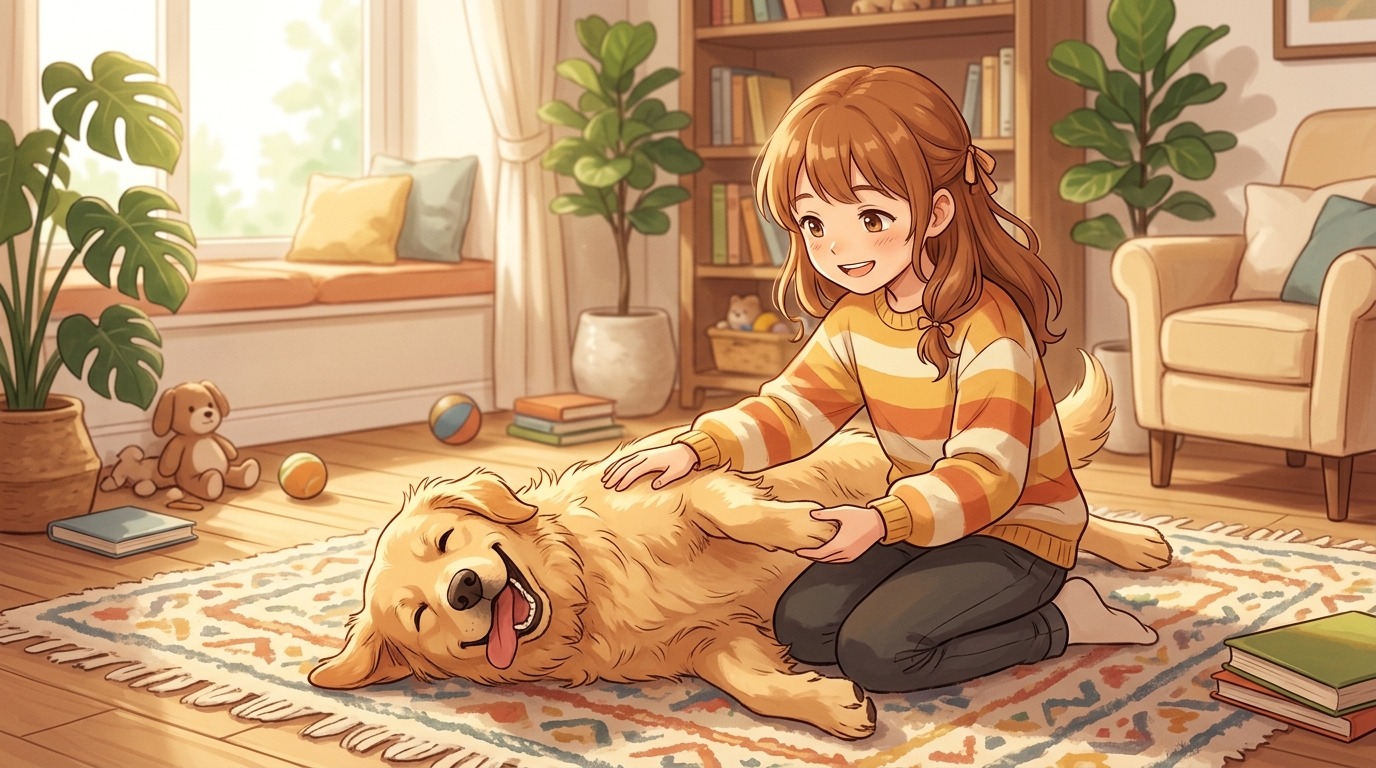 Ein kleines Mädchen mit braunen Zöpfen krault einem liegenden Golden Retriever den Bauch und sucht lächelnd den Bauchnabel.