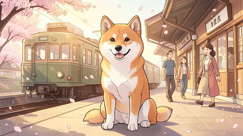 Der treue Hund Hachiko sitzt geduldig an einem japanischen Bahnhof und wartet auf seinen Besitzer.