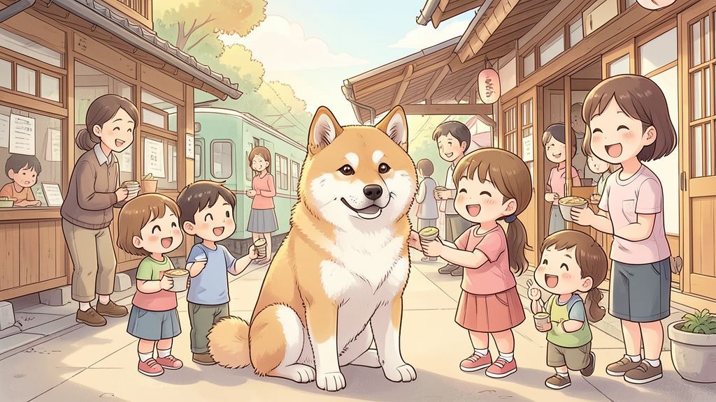 Ein freundlicher Akita-Hund namens Hachiko sitzt geduldig an einem alten Bahnhof, während Kinder und Erwachsene ihn liebevoll streicheln und füttern.
