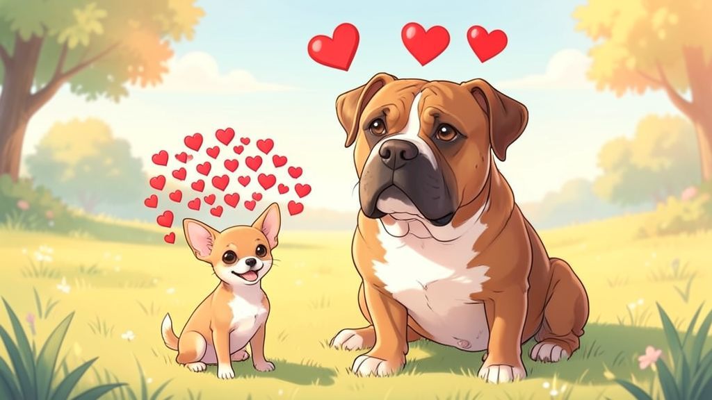 Eine Illustration eines kleinen Chihuahuas und einer großen Dogge, die den unterschiedlichen Herzschlag symbolisiert.