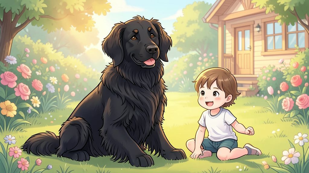 Ein freundlicher Hovawart Hund mit schwarz-goldenem Fell sitzt neben einem lachenden Kind auf einer Sommerwiese.