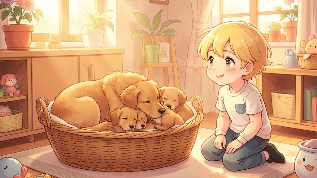 Eine freundliche Golden Retriever Hündin liegt glücklich in einem gemütlichen Wohnzimmer mit drei kleinen, schlafenden Welpen.