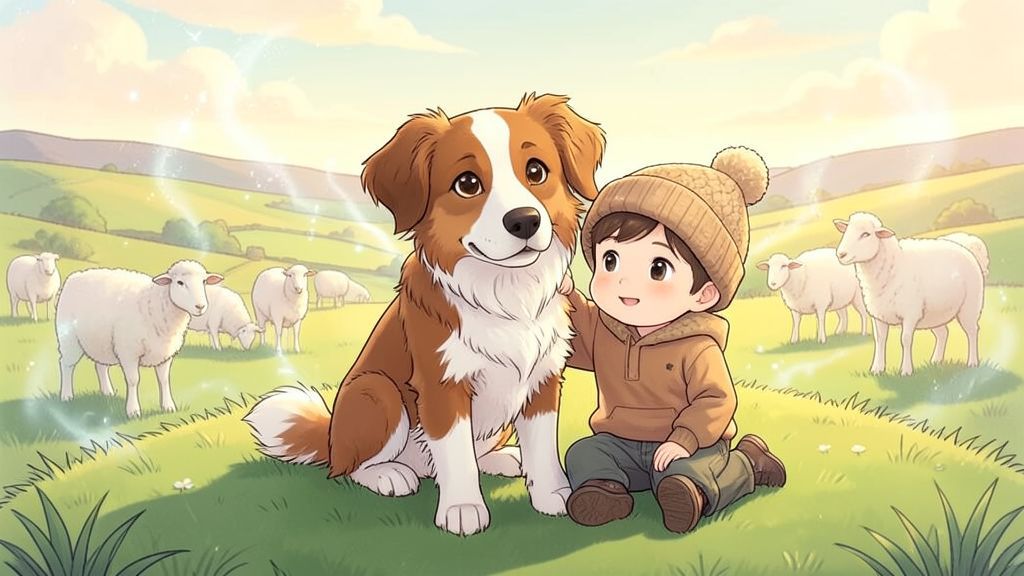 Ein freundlicher, aufmerksamer Hütehund namens Finn sitzt neben einem Kind auf einem grünen Hügel im Nebel bei seiner Schafherde.