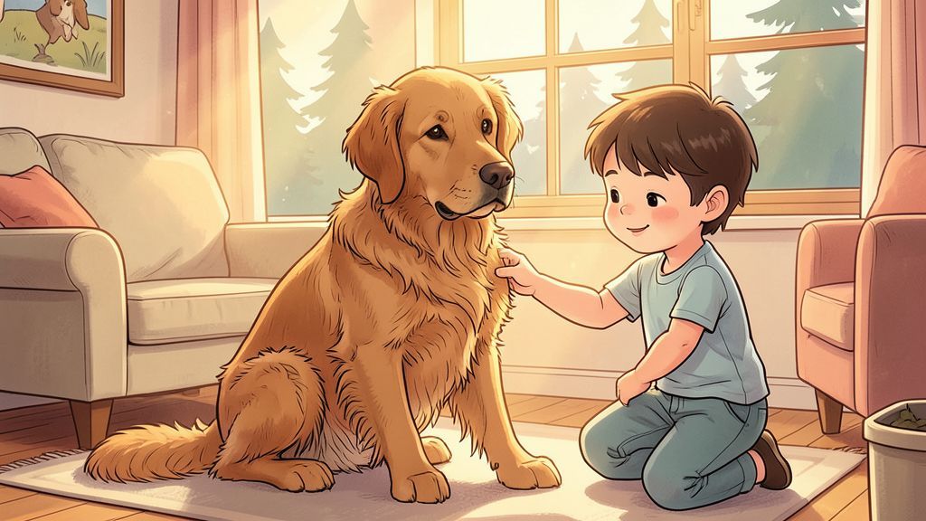 Ein Kind untersucht das Fell eines Golden Retrievers nach einem Waldspaziergang auf Zecken.