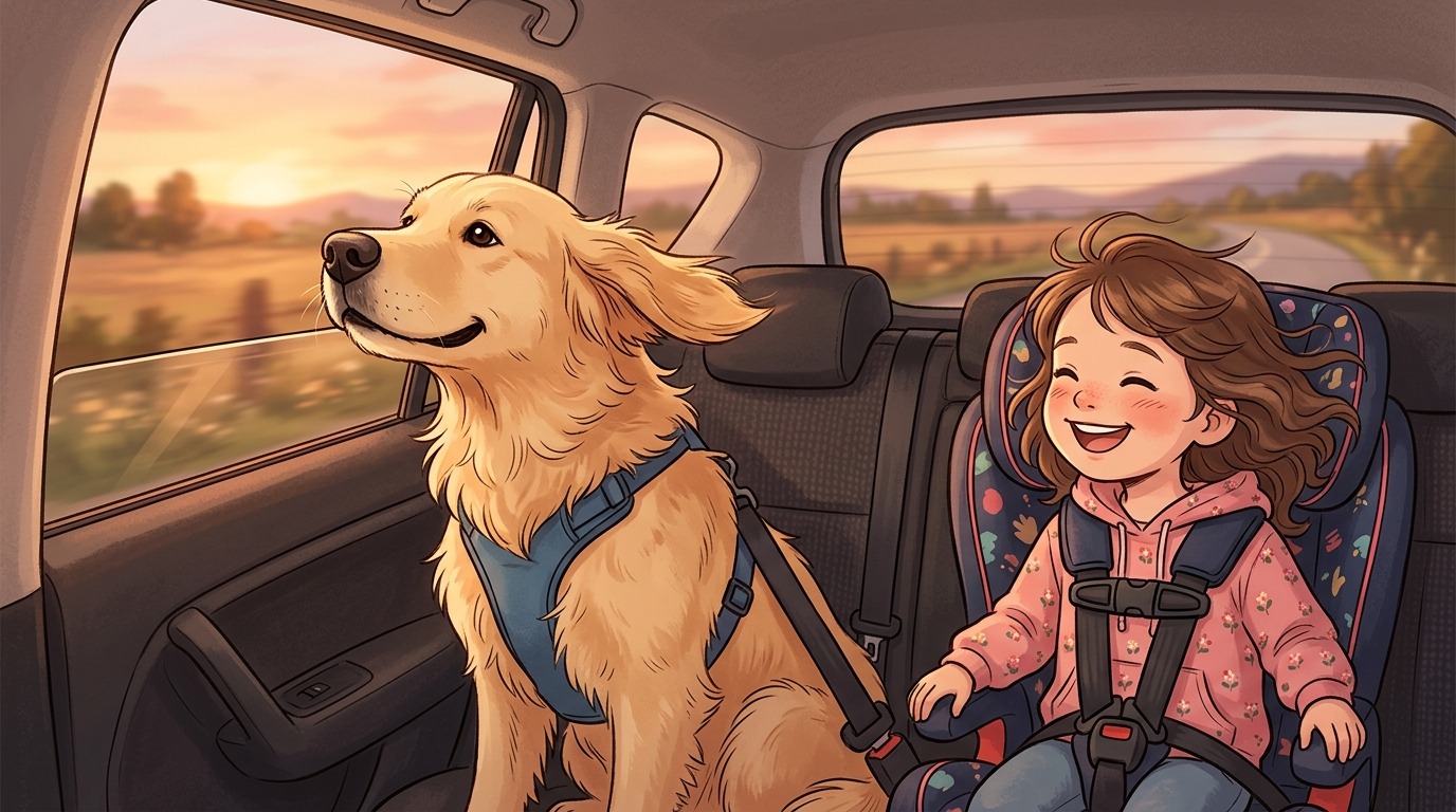 Ein glücklicher Golden Retriever schaut mit wehenden Ohren aus einem leicht geöffneten Autofenster, während ein Kind daneben sitzt.