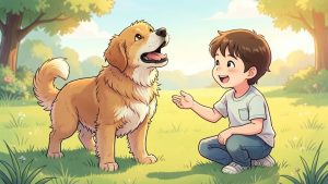 Ein lachendes Kind hockt vertrauensvoll neben einem freundlich bellenden Hund auf einer Wiese.