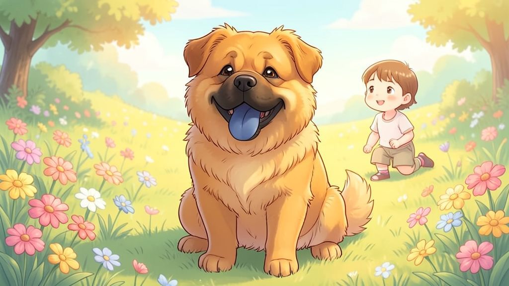 Ein flauschiger Chow-Chow Hund sitzt auf einer Wiese und zeigt seine dunkelblaue Zunge.