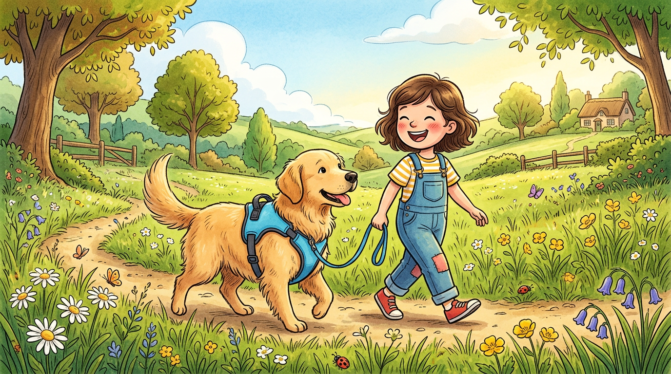 Ein glückliches Kind geht mit einem Golden Retriever spazieren, der ein bequemes blaues Brustgeschirr trägt.